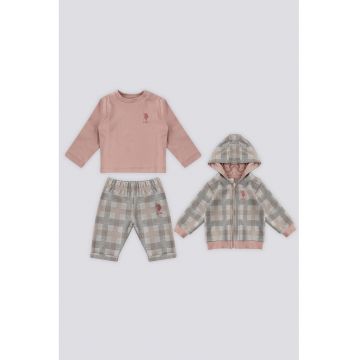 Trening cu model in carouri - 3 piese - Gri melange/Roz prafuit