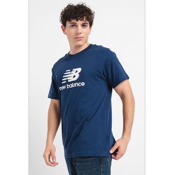 Tricou de bumbac cu decolteu la baza gatului - Alb/Albastru inchis