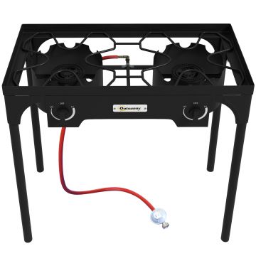 Outsunny Aragaz cu 2 Arzatoare cu Propan, 150.000 BTU de Inalta Presiune pentru Exterior pentru Gatit in Gradina, Camping, Prajire Curcani