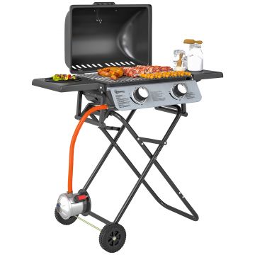 Outsunny Barbecue pe Gaz 2 Arzătoare, 2 Rafturi, Capac și Termometru Negru | Aosom Romania