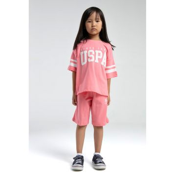 Set de tricou lejer cu logo si pantaloni scurti cu snur - 2 piese - Alb/Roz pastel