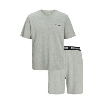 Trening cu pantaloni scurti si banda logo in talie - Gri deschis melange