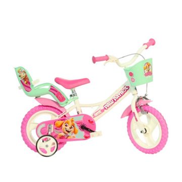 Bicicleta copii, Dino Bikes, Paw Patrol, Roti ajutatoare, Cosulet frontal, Scaunel pentru papusi, 12 inch, Cadru din otel, Pana la 110 cm, White