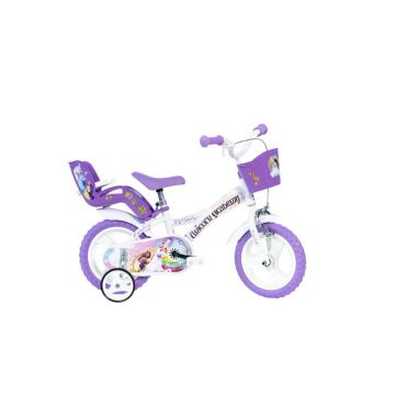 Bicicleta copii, Dino Bikes, Unicorn Academy, Roti ajutatoare, Cosulet frontal, Scaunel pentru papusi, 12 inch, Cadru din otel, Pana la 110 cm, Mov