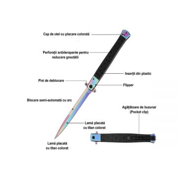 Briceag tip Stiletto, multicolor, deschidere manuala, lungime 33 cm, lama metalica