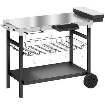 Outsunny Cărucior de grădină cu 3 niveluri, blat din inox, roți, cârlige, coș detașabil, mâner lateral, 114x61x81 cm, negru | Aosom Romania