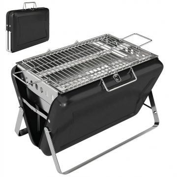 Outsunny Grătar pe cărbune din oțel inoxidabil BBQ Smoker cu grilă, mâner și picioare pliante pentru barbecue camping 40x28x25,5cm Negru | Aosom Romania
