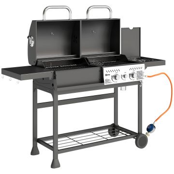 Outsunny Grill Gaz-Cărbune, 3 Arzătoare 7kW, Negru | Aosom Romania