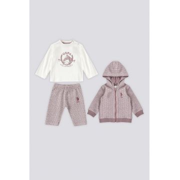 Set de trening cu logo si jacheta cu fermoar - 3 piese - Alb/Violet prafuit