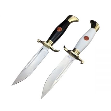 Set doua cutite de vanatoare, teaca din piele naturala, lama 440C, maner acrilic full tang, 26 cm, alb - negru