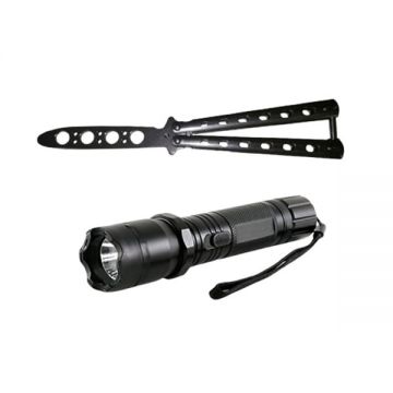 Set Electrosoc Lanterna tip Police 1000KV si Briceag fluture basic, 22 cm, argintiu