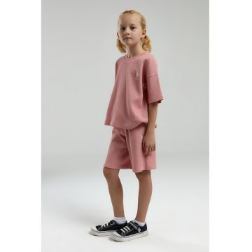 Trening de bumbac cu pantaloni scurti si maneci cazute - Roz somon
