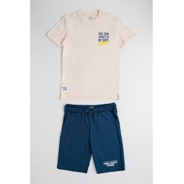 Set de tricou de bumbac si bermude - Albastru inchis/Bej deschis