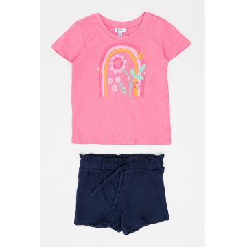 Set de tricou de bumbac si pantaloni scurti - 2 piese - Roz deschis/Bleumarin
