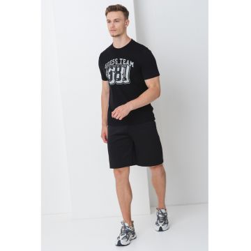 Tricou cu decolteu la baza gatului rotund si imprimeu logo - Negru/Gri inchis