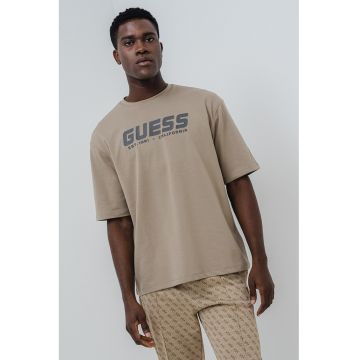 Tricou cu logo si maneci medii - Maro nisip/Gri inchis