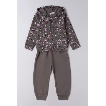 Trening cu fermoar si imprimeu cu pisici - Alb/Roz pastel/Maro inchis