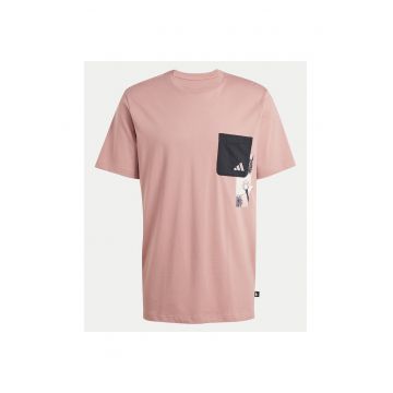 Tricou din bumbac cu buzunar pe piept si imprimeu