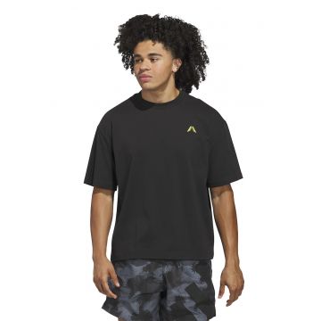 Tricou din amestec de bumbac cu decolteu la baza gatului - Negru/Verde lime