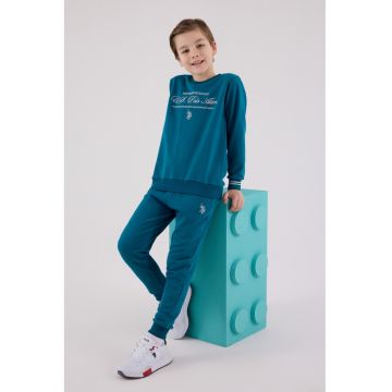 Set de bluza de trening din amestec de bumbac cu pantaloni de trening cu logo brodat - Alb optic/Albastru petrol