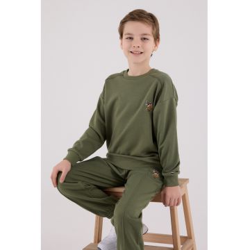 Set de bluza de trening si pantaloni de trening cu broderie discreta - Kaki