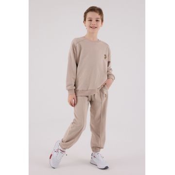 Set de bluza de trening si pantaloni de trening cu broderie discreta - Maro nisip