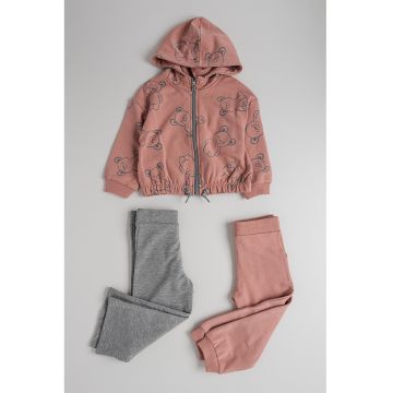 Set de hanorac din amestec de bumbac cu imprimeu si pantaloni de trening - 3 piese - Gri melange/Verde aquamarin/Roz prafuit