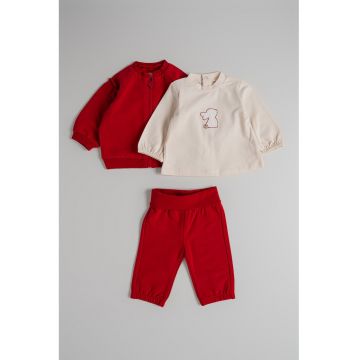 Set de trening cu fermoar - gluga si bluza - 3 piese - Rosu/Alb