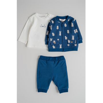 Set de trening cu model iepure si bluza - 3 piese - Albastru inchis/Maro deschis/Alb murdar
