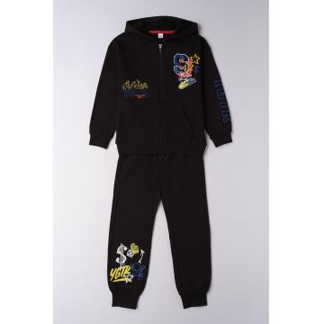 Trening cu imprimeu - fermoar si hanorac - Negru