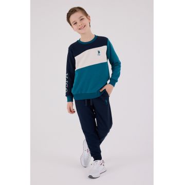 Trening din amestec de bumbac cu logo brodat - Alb fildes/Albastru ultramarin/Albastru petrol