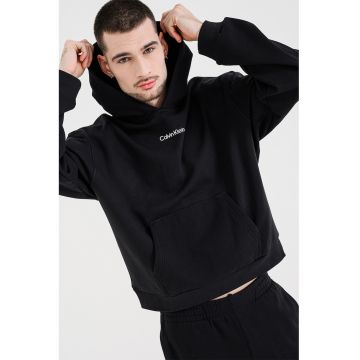 Hanorac cu imprimeu logo si buzunar kangaroo - Negru