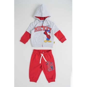 Set de hanorac cu imprimeu si fermoar si pantaloni de trening - 2 piese - Rosu/Gri melange/Albastru