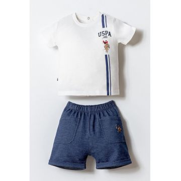 Set de pantaloni scurti si tricou cu logo - 2 piese - Alb/Albastru inchis melange
