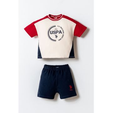 Set de tricou cu imprimeu si pantaloni scurti - 2 piese - Alb fildes/Rosu inchis/Bleumarin