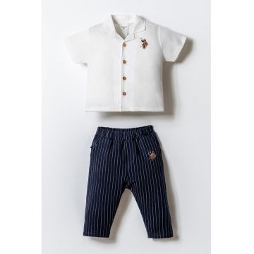 Set de tricou cu nasturi si pantaloni - 2 piese - Alb/Bleumarin