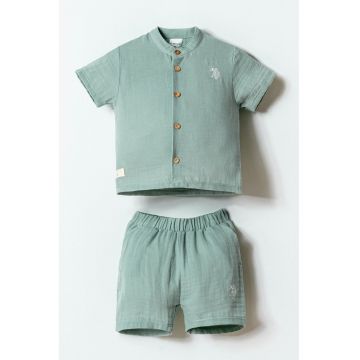 Set de tricou cu nasturi si pantaloni scurti - 2 piese - Verde pal