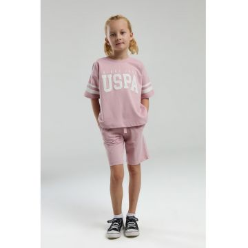 Set de tricou lejer cu logo si pantaloni scurti cu snur - 2 piese - Alb/Roz aprins