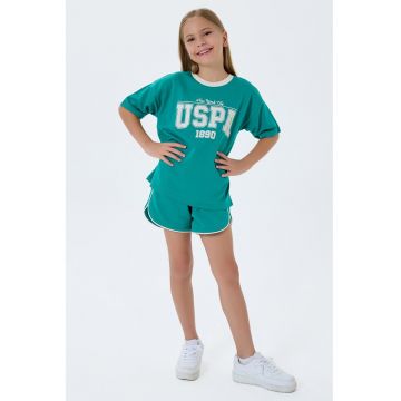 Set de tricou si pantaloni scurti cu imprimeu - 2 piese - Alb/Verde persan