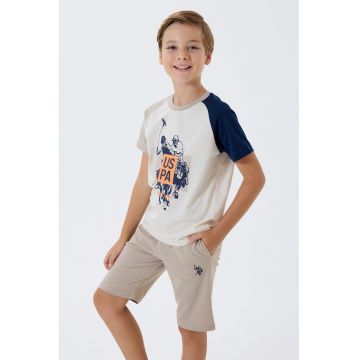 Trening scurt cu imprimeu logo pe piept - Alb/Bej deschis/Bleumarin