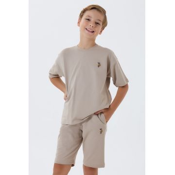 Trening scurt din bumbac cu broderie logo discreta - Maro taupe deschis