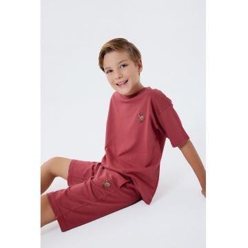 Trening scurt din bumbac cu broderie logo discreta - Rosu capsuna