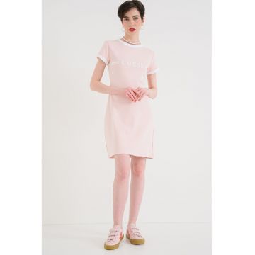 Rochie din amestec de bumbac cu maneci scurte si logo - Alb/Roz pastel