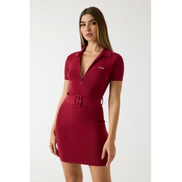 Rochie scurta cambrata cu guler polo - Rosu inchis