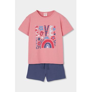 Set de tricou din bumbac si pantaloni scurti - 2 piese - Roz somon/Albastru indigo