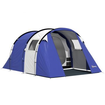 Outsunny Cort de camping pentru 4 persoane, 2 camere, impermeabil 3000mm, cu podea și sac, 420x300x200cm, Albastru închis | Aosom Romania