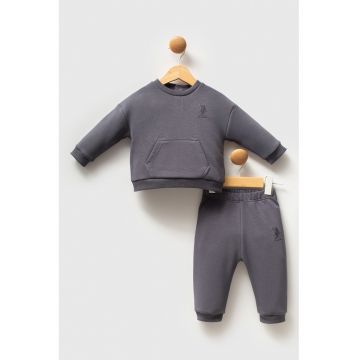 Set de imbracaminte din amestec de bumbac cu bluza sport cu buzunar kangaroo si pantaloni sport - 2 piese - Gri inchis