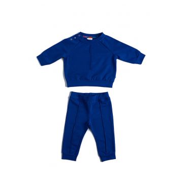 Set de bluza cu decolteu la baza gatului si pantaloni de trening - Albastru