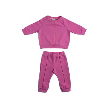 Set de bluza cu decolteu la baza gatului si pantaloni de trening - Roz