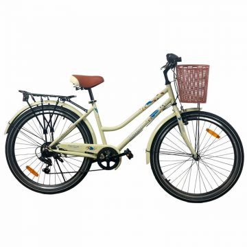 Bicicleta 26 inch, 7 viteze, cos cumparaturi, portbagaj, v-brake, crem